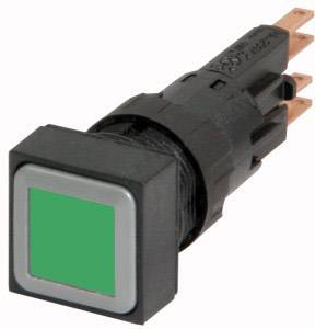 Črn kvadraten stikalo z zelenim pritiskim gumbom, primeren za električne ali elektronske aplikacije.