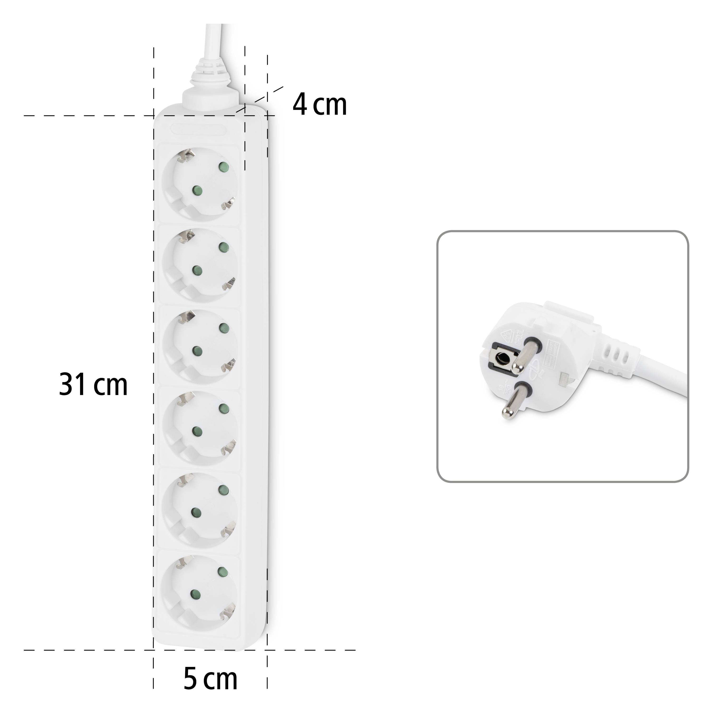 Šeststopenjska razdelilna letev, mere: 31 cm x 5 cm x 4 cm. Podroben pogled na vtič na desni strani.