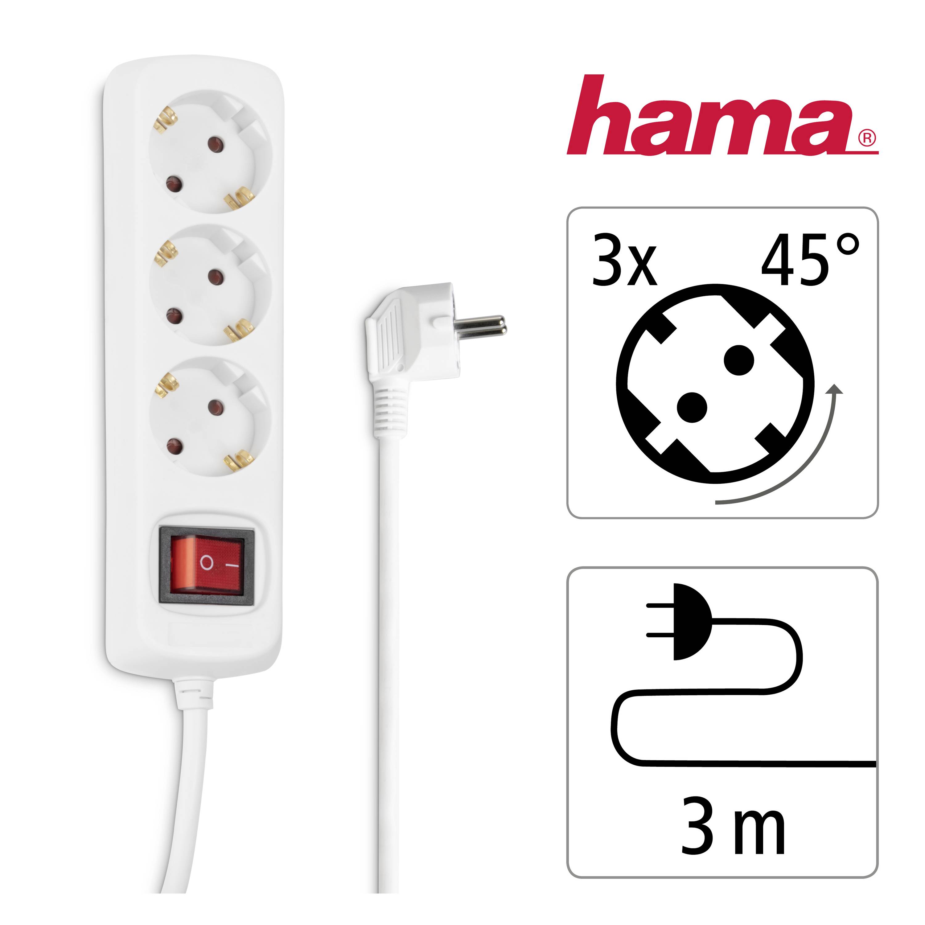 Podaljšek z nastavljivo vtičnico Schuko s tremi priključki in stikalom za vklop/izklop, bele barve, dolžine 3 metre, vtičnice možno zasukati za 45 stopinj. Znamka 'Hama'.