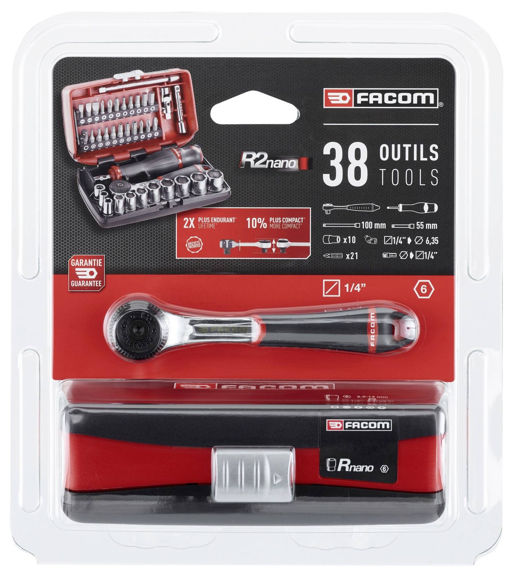 Komplet orodij Facom R2nano, 38-delni, v embalaži. Vsebuje ragelj z nastavki in komplet orodij v rdečem etuiju.