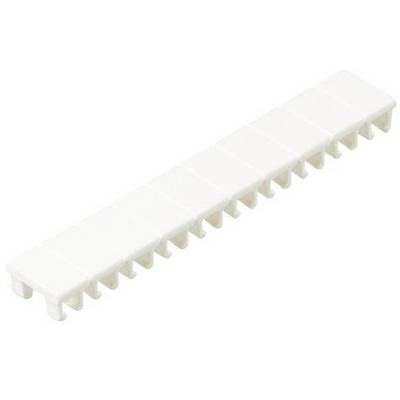 Pravokoten, bel plastičen trak z več enakomerno razporejenimi vertikalnimi sponkami na spodnji strani.