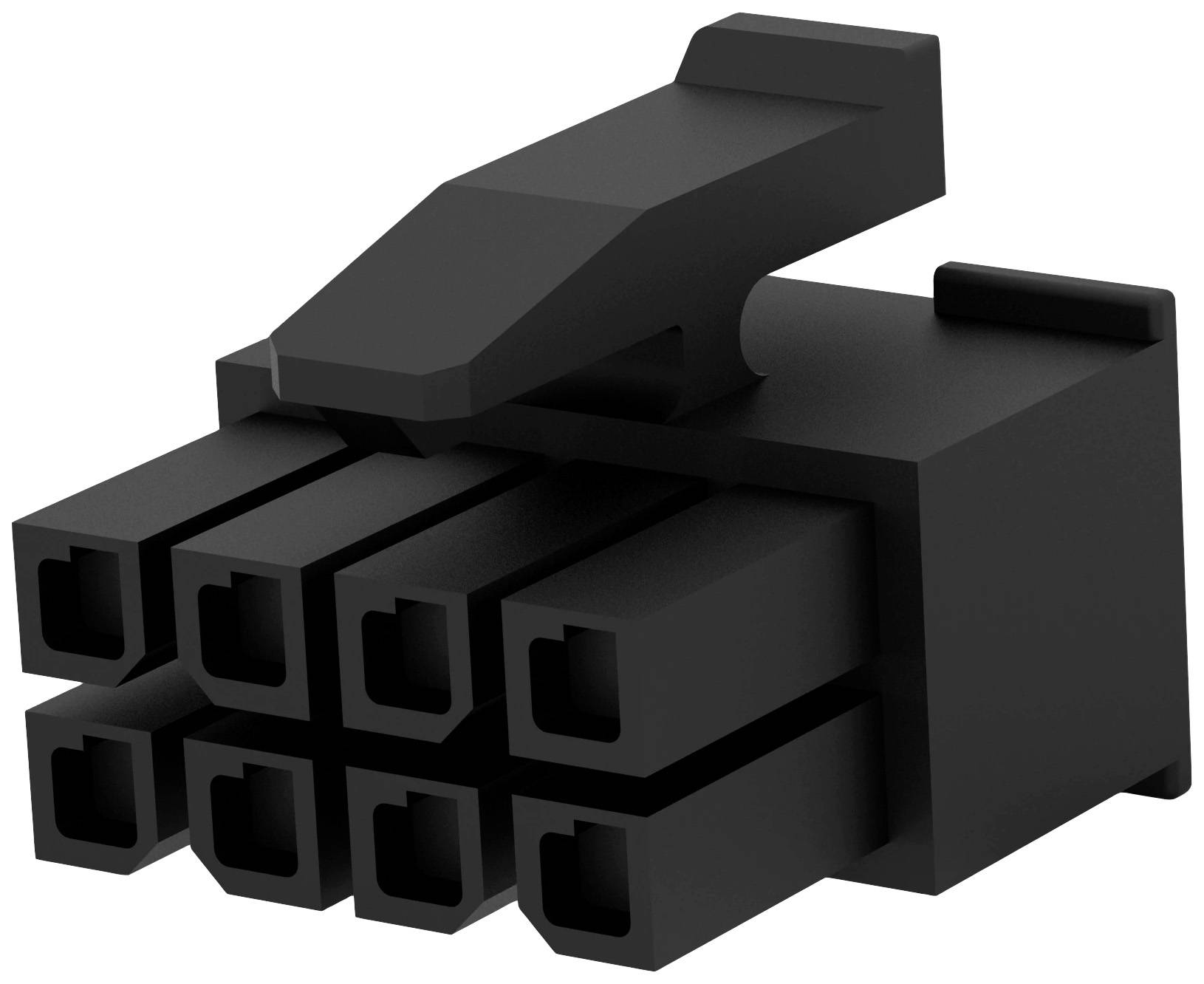Črn 8-pinski PCIe napajalni priključek za računalniške grafične kartice, pogled na vtič z zaklepanjem.
