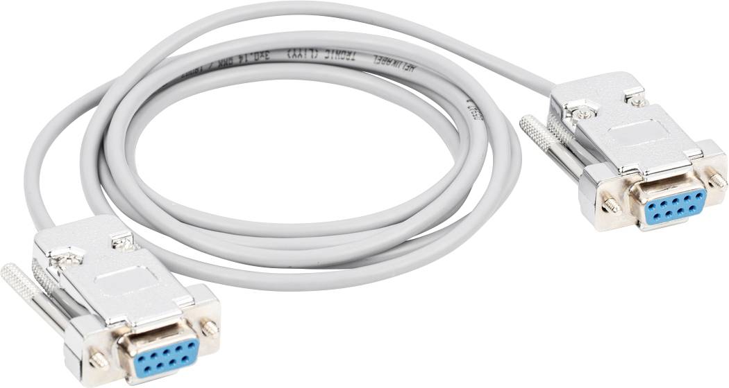 Sivo serijsko D-Sub kabel z dvema 9-pinski vtičema na obeh koncih, uporabljen za serijsko podatkovno prenašanje.