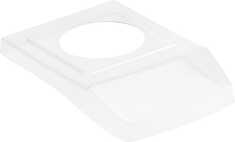 Prosojni plastični del z okroglo odprtino na sredini. Del je ploščat in pravokotno oblikovan.