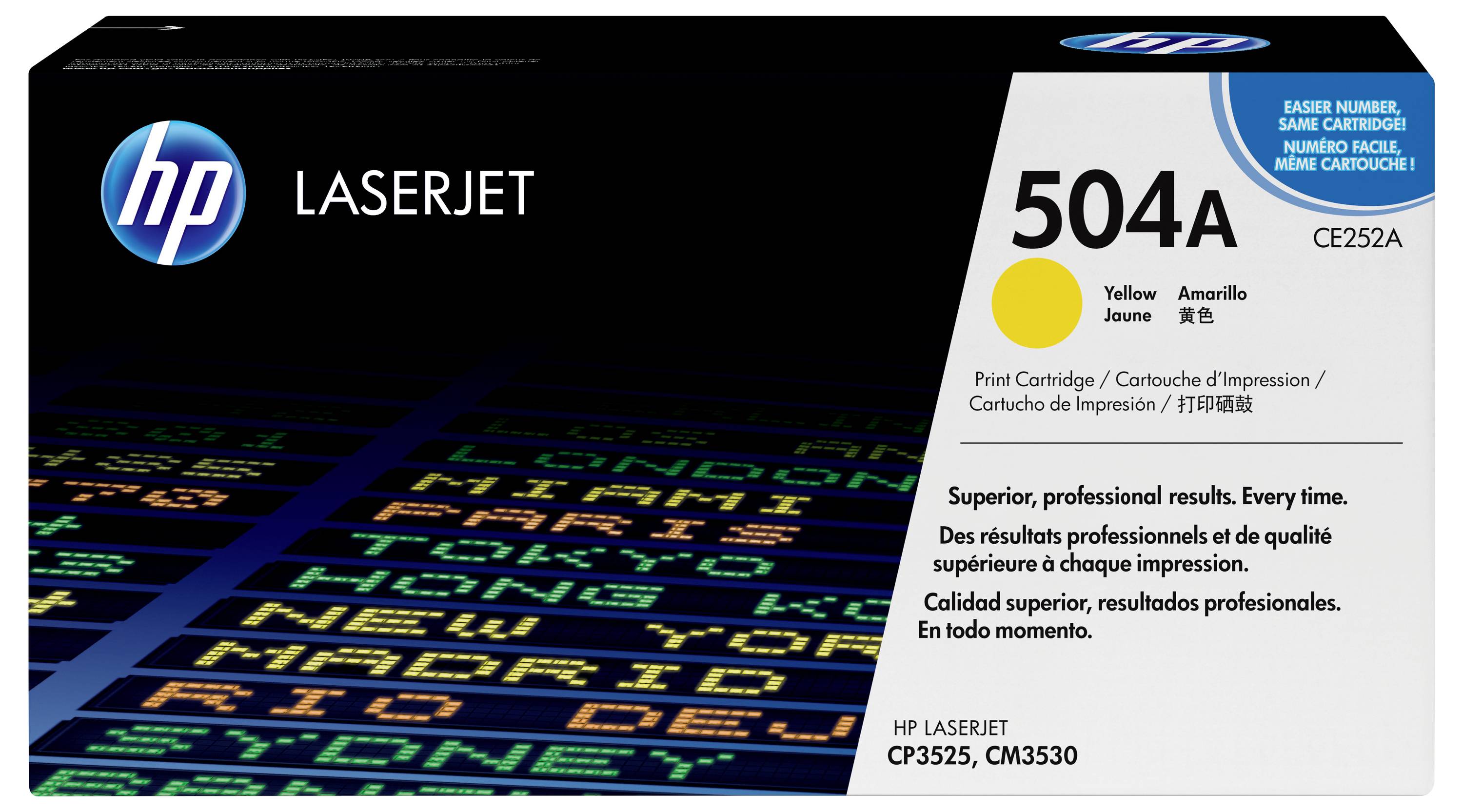 Nalepka za rumeno tonerja HP LaserJet 504A, označena CE252A za tiskalnike HP LaserJet CP3525 in CM3530.