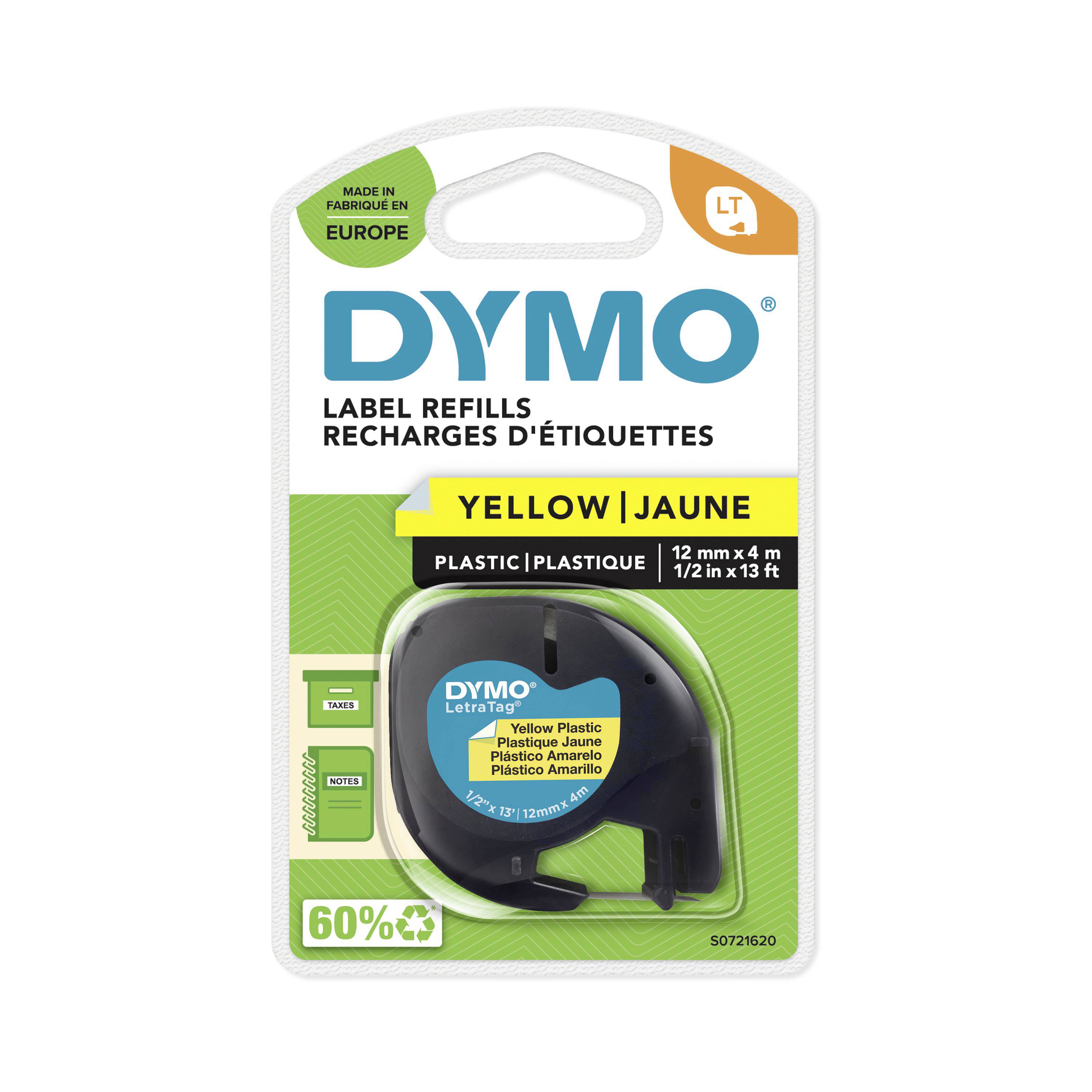 Ponovno napolnjiva DYMO nalepna kaseta, rumena, za LT LetraTag, široka 12 mm, dolga 4 m. Vsebuje 60 % recikliranih materialov.