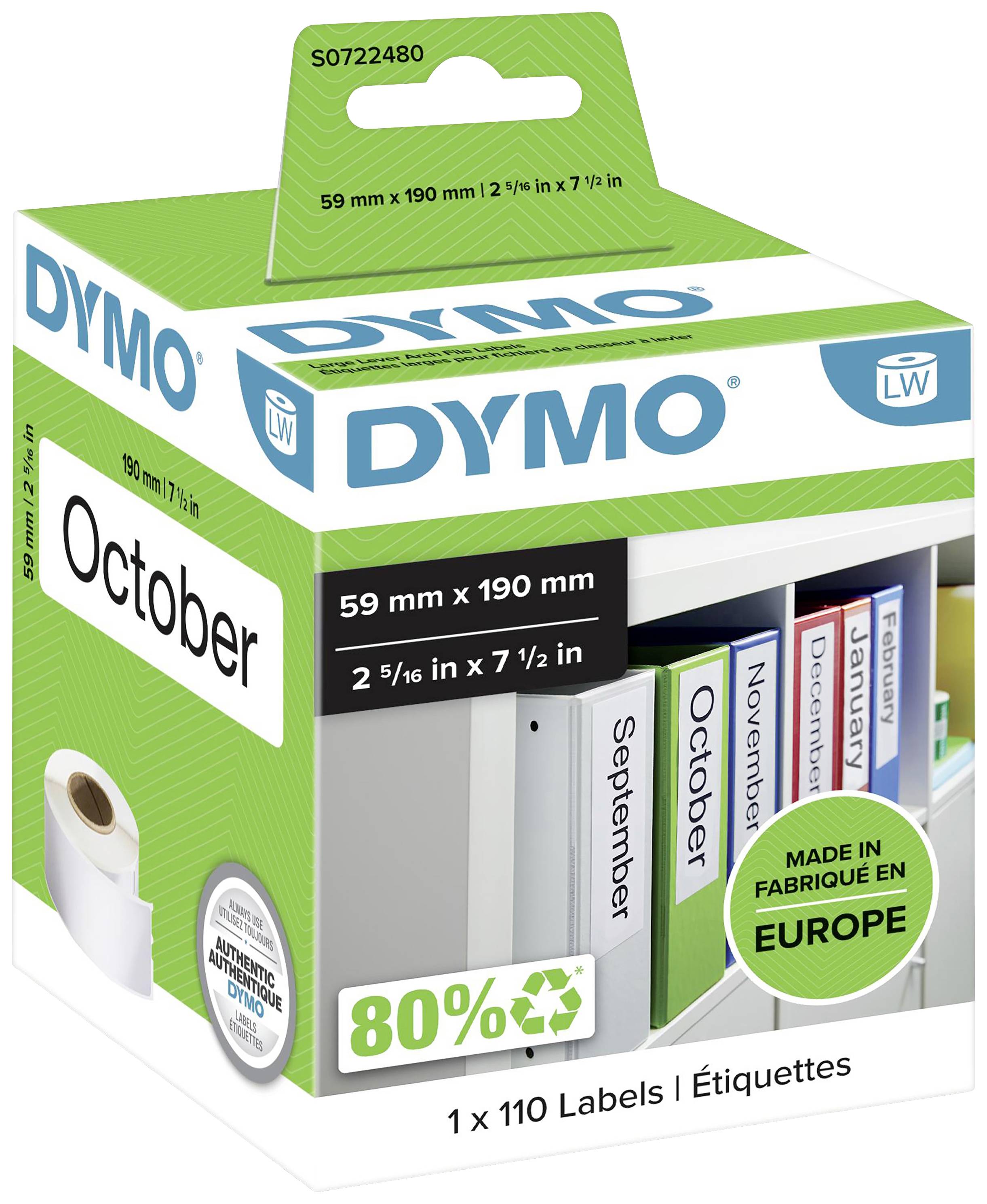 Pakiranje Dymo nalepk s 110 nalepkami, 59 mm x 190 mm, 80% reciklabilno, narejeno v Evropi. Glavna nalepka prikazuje 'Oktober'.