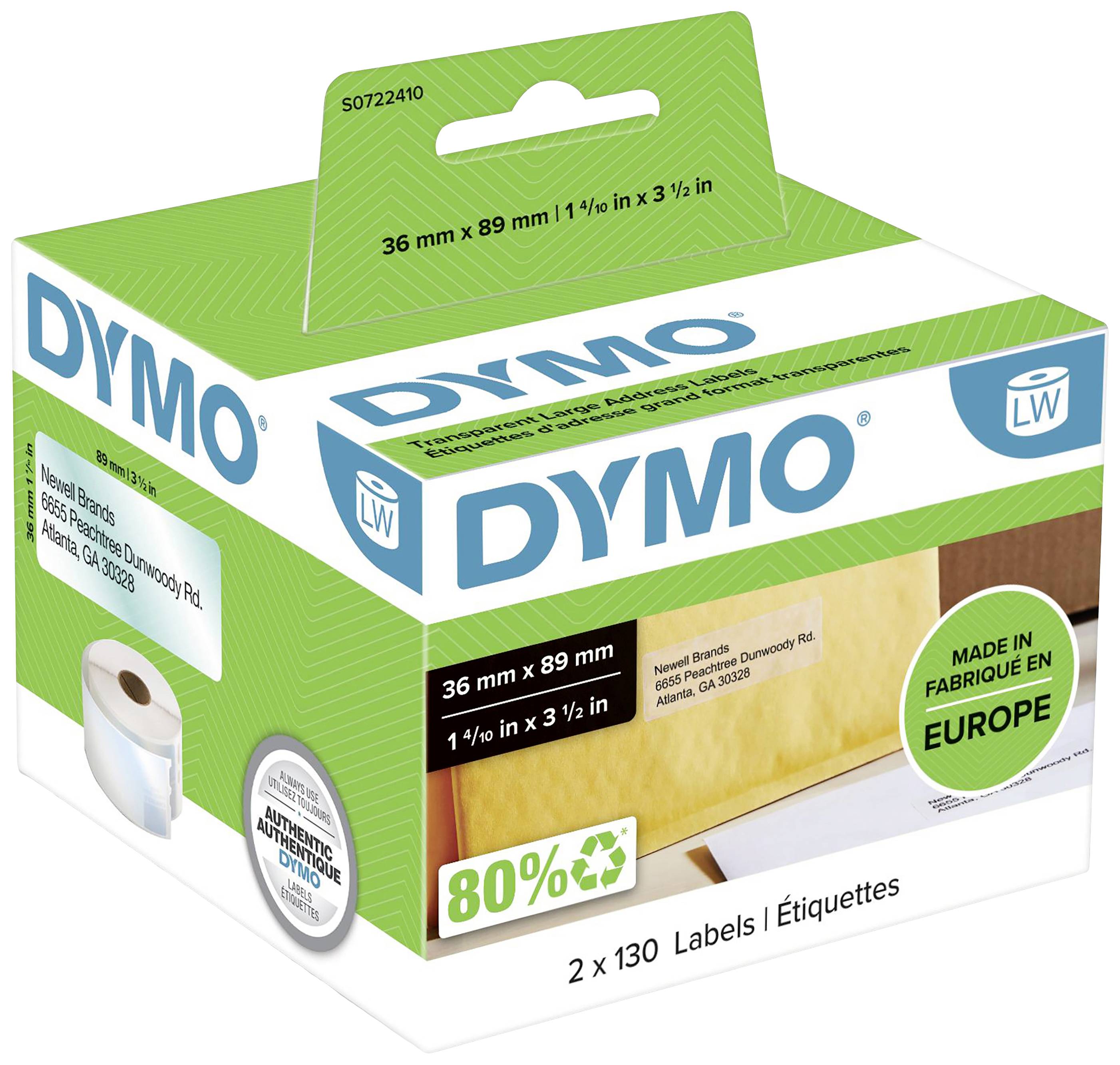 Kartonska embalaža za nalepke Dymo z zeleno in belo poudarjeno barvo, 80% recikliran delež, 2 koluti, dimenzije 36 x 89 mm, iz Evrope.