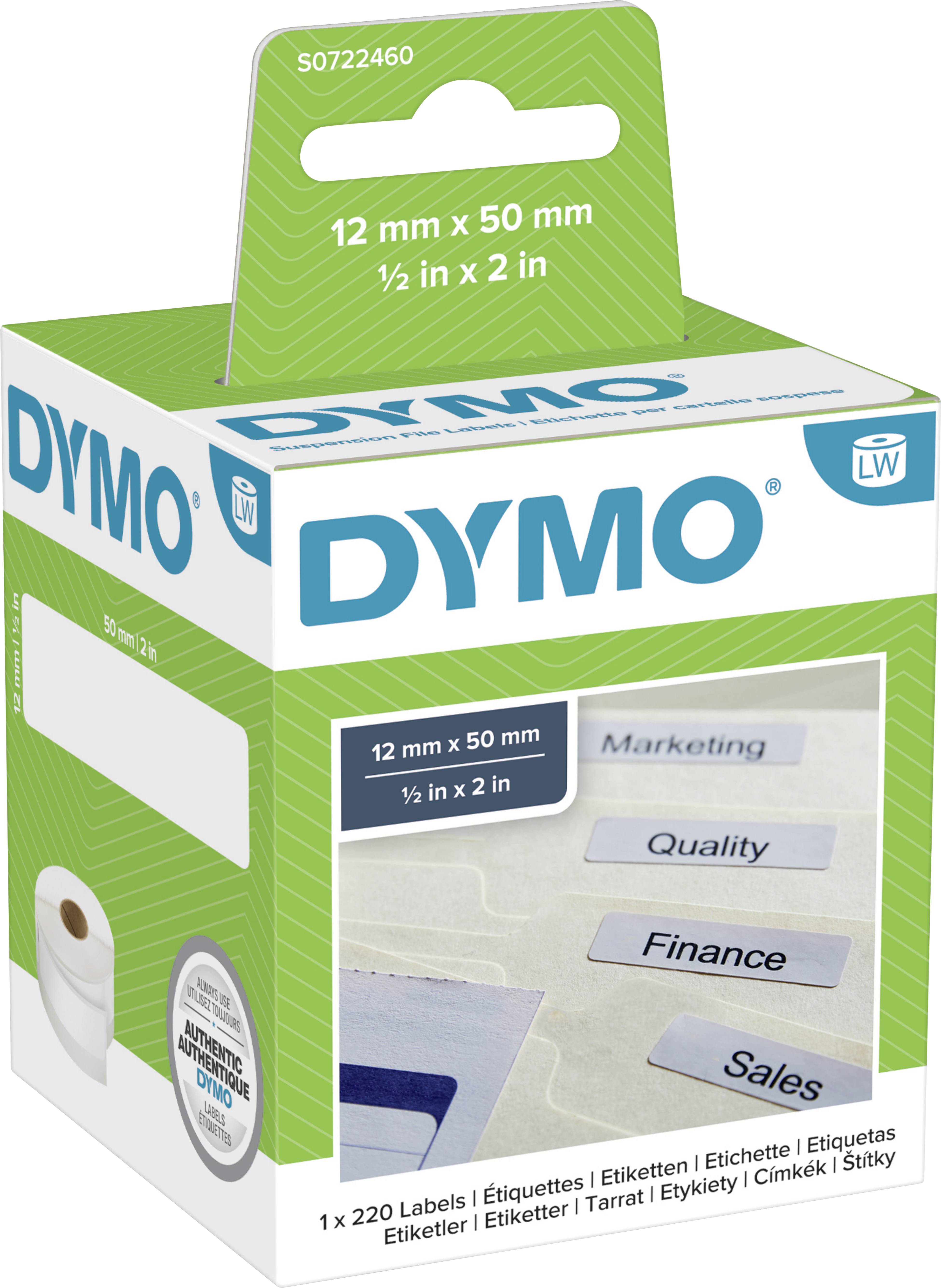 Nalepke Dymo z napisi 'Marketing', 'Kakovost', 'Finance', 'Prodaja'. Vsebuje 1 valjček, nalepke velikosti 12 mm x 50 mm.