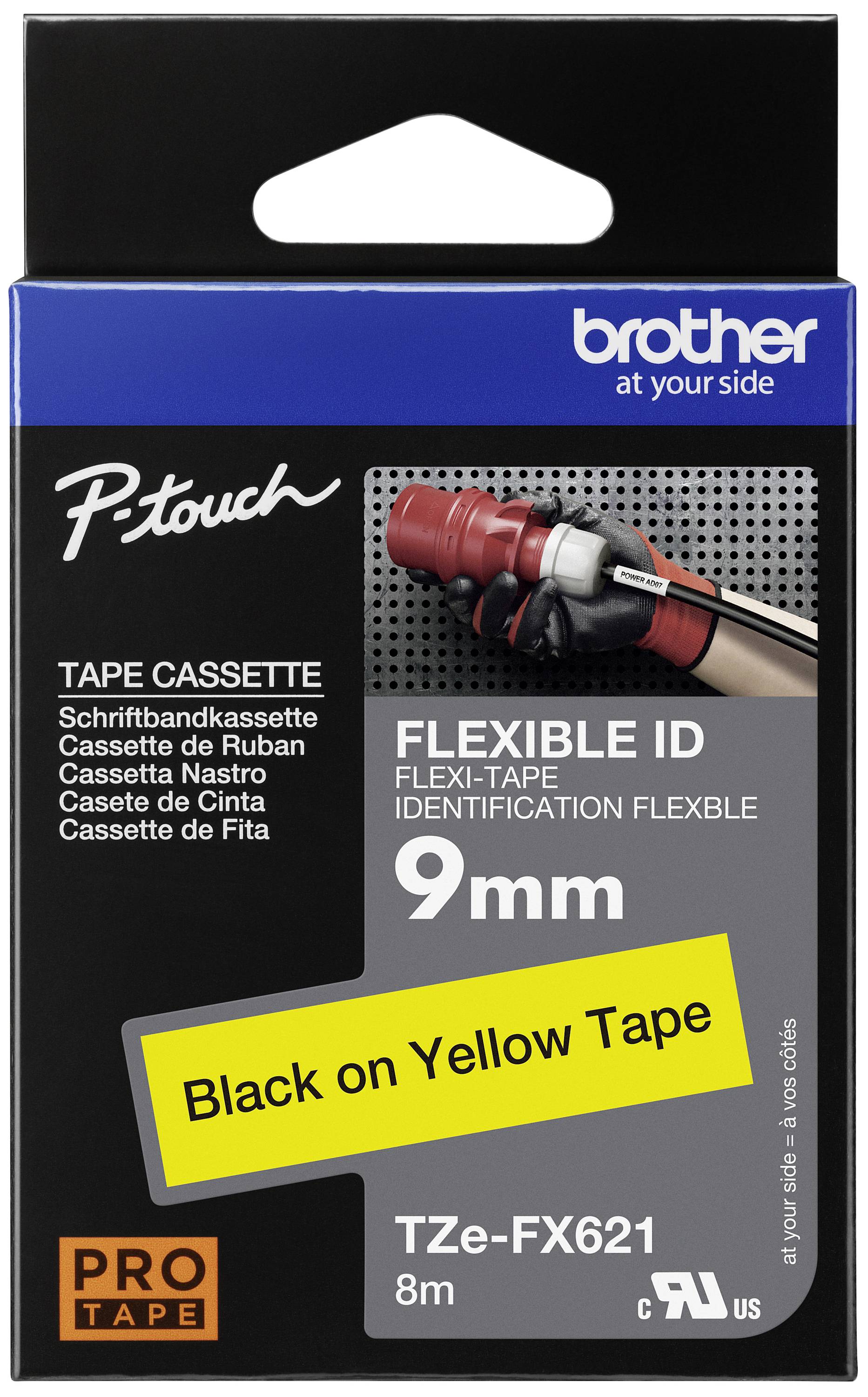 Fleksibilna ID-tračna kaseta Brother P-touch, 9 mm, rumeni tisk na črnem traku. Pakiranje z vzorčno sliko uporabe.