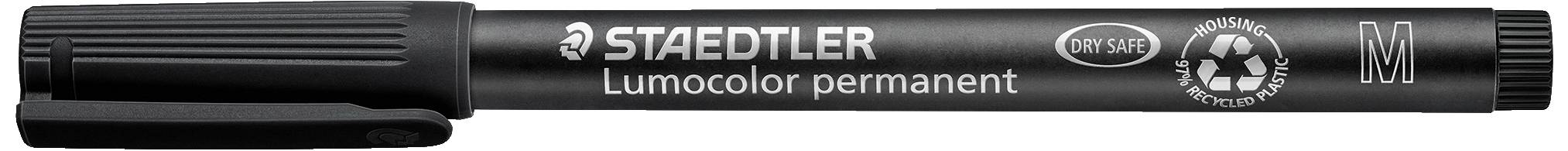 Črn STAEDTLER Lumocolor trajni marker s srednje debelo konico, oznako za recikliranje in vodoodpornim dizajnom, primeren za različne površine.