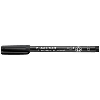 Črn STAEDTLER Lumocolor trajni marker s srednje debelo konico, oznako za recikliranje in vodoodpornim dizajnom, primeren za različne površine.