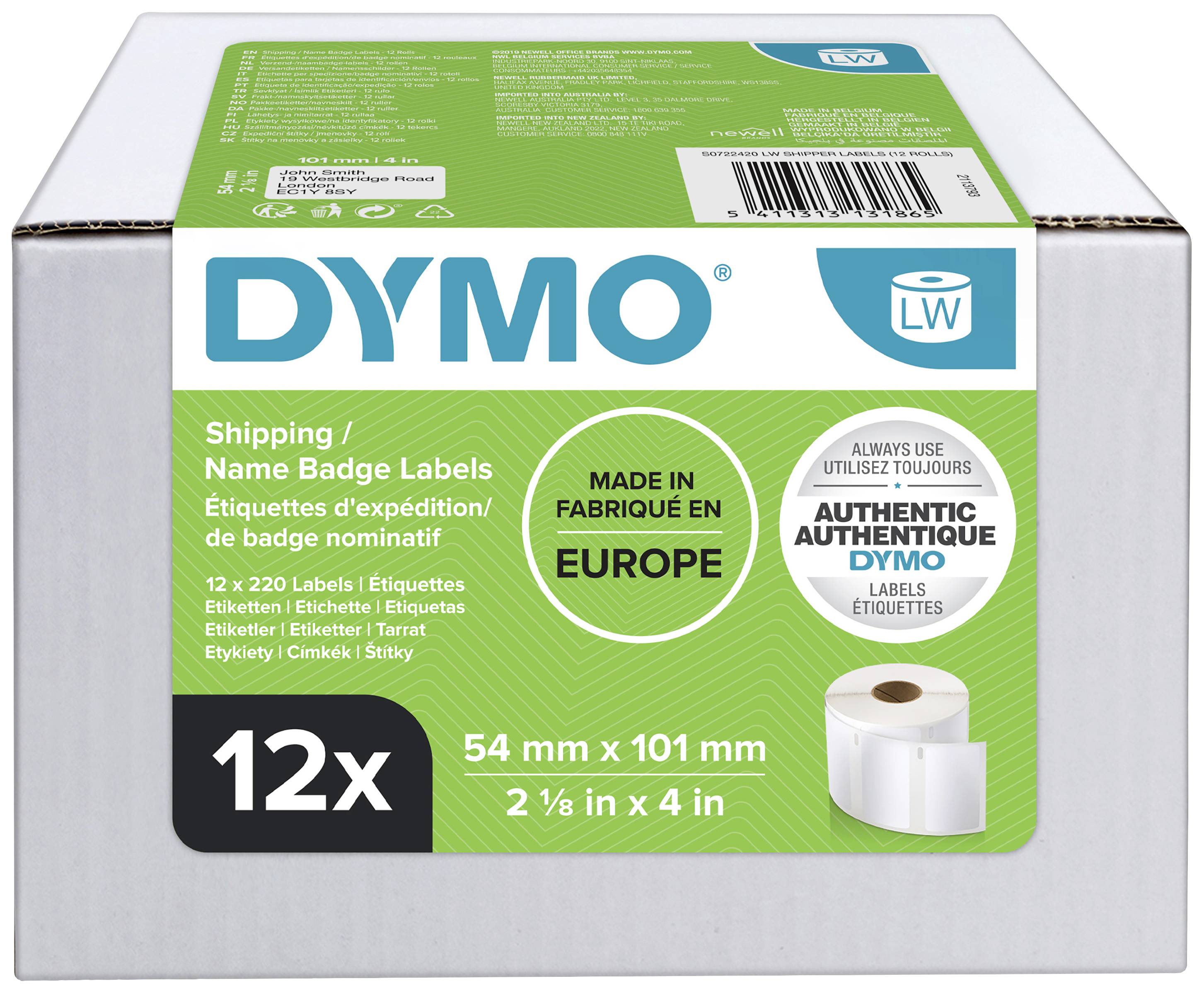 Škatla Dymo nalepk za pošiljke in imena, 12 rol. Vsebuje podatke o proizvodnji v Evropi in opozorilo o originalnosti.