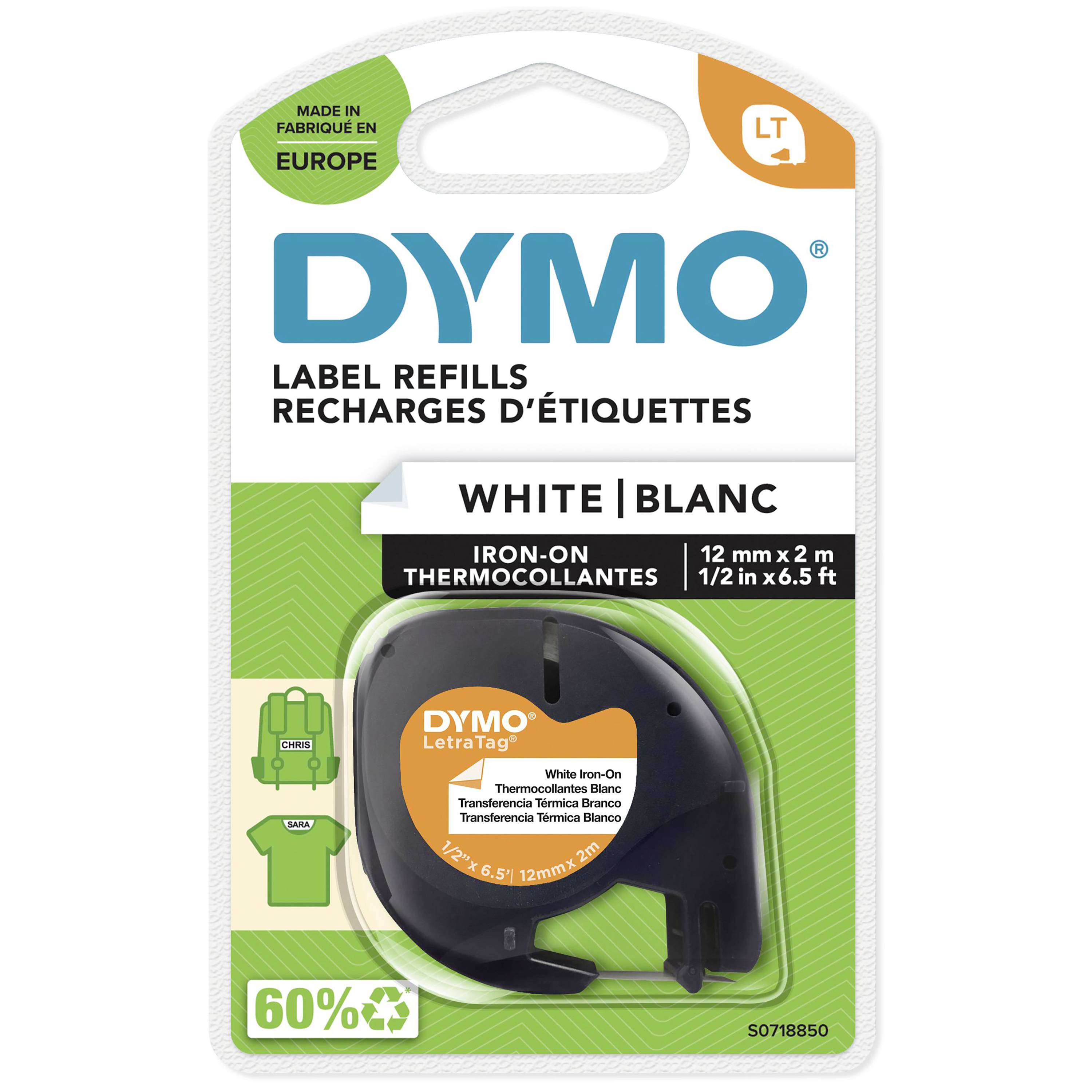 Nadomestna etiketa DYMO za likalnike; bel tisk na tkanino; 12 mm x 2 m; izdelano v Evropi; 60% reciklirano.