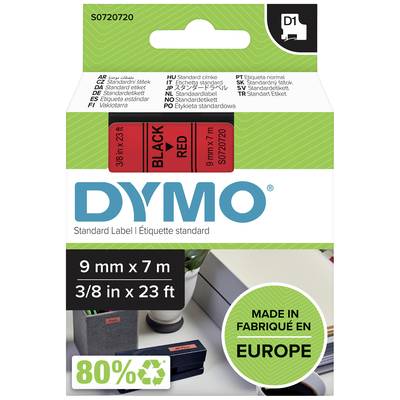 Embalaža Dymo standardnih nalepk v črni in rdeči barvi. Velikost: 9 mm x 7 m. Opomba: 'Narejeno v Evropi', 80% recikliranega materiala.
