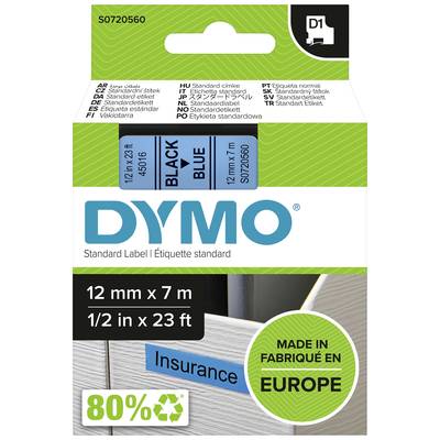 DYMO-pakirno nalepko. Črno besedilo na modrem traku, 12 mm x 7 m. Poudarjeno: 'Insurance' in 'Made in Europe'.