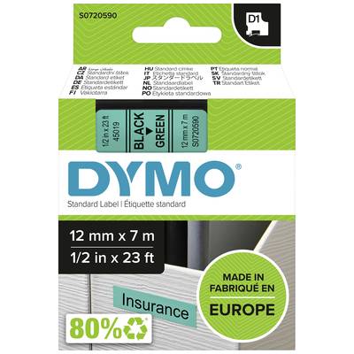 Nalepke za tiskalnike Dymo, črne na zeleni podlagi, 12 mm x 7 m, izdelane v Evropi. Vsebuje 80% recikliranega materiala.