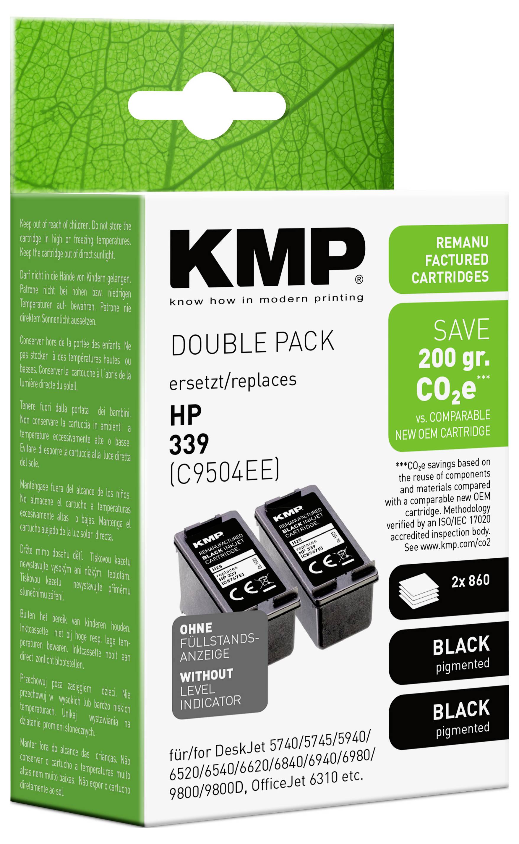 Dvojna paketa črnih črnilnih tonerjev KMP za HP 339/C9504EE, z varčevanjem 200g CO2e in opombami glede združljivosti.