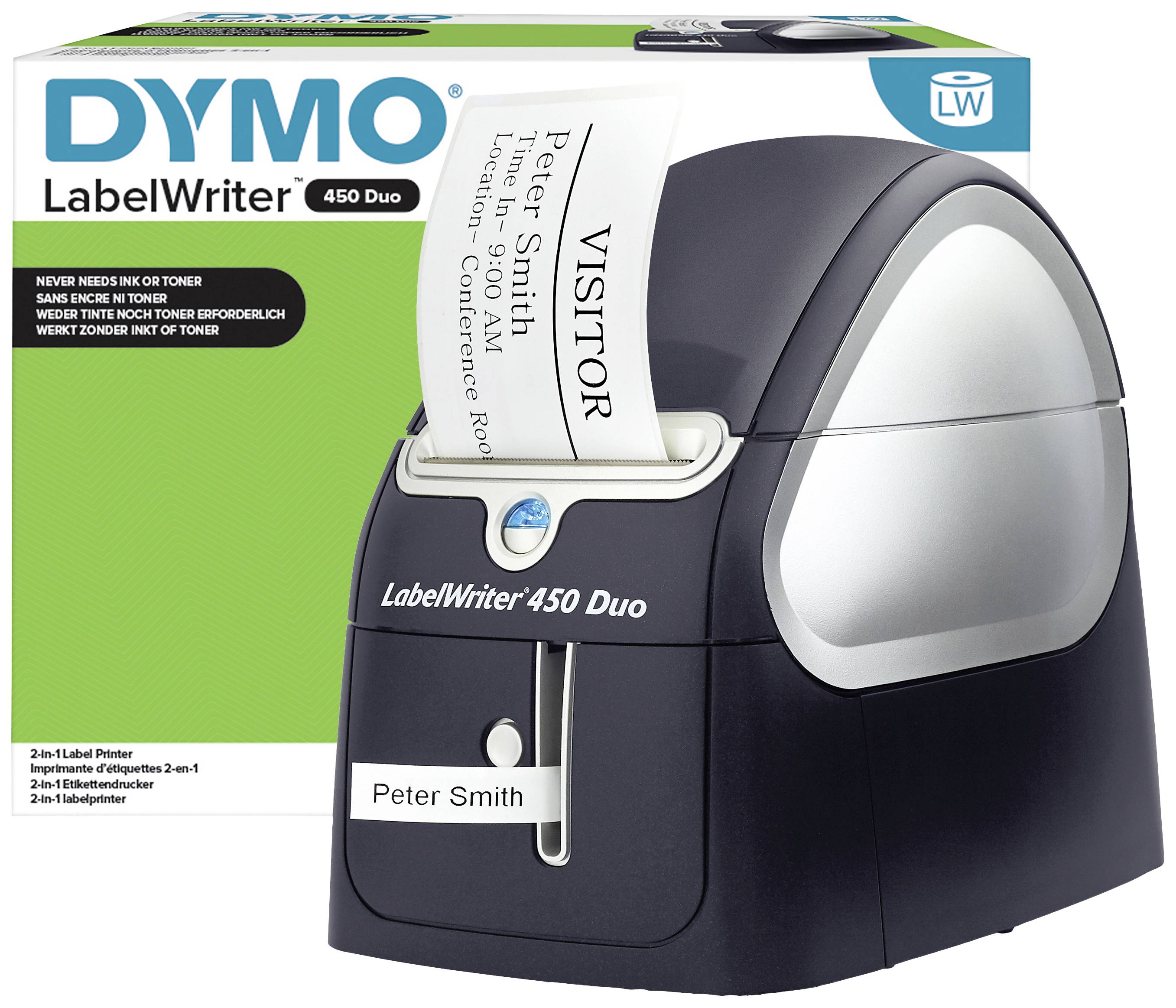 Dymo LabelWriter 450 Duo tiskalnik nalepk natisne besedilo 'Peter Smith, Obiskovalec, Lokacija: Konferenčna soba' na nalepko.
