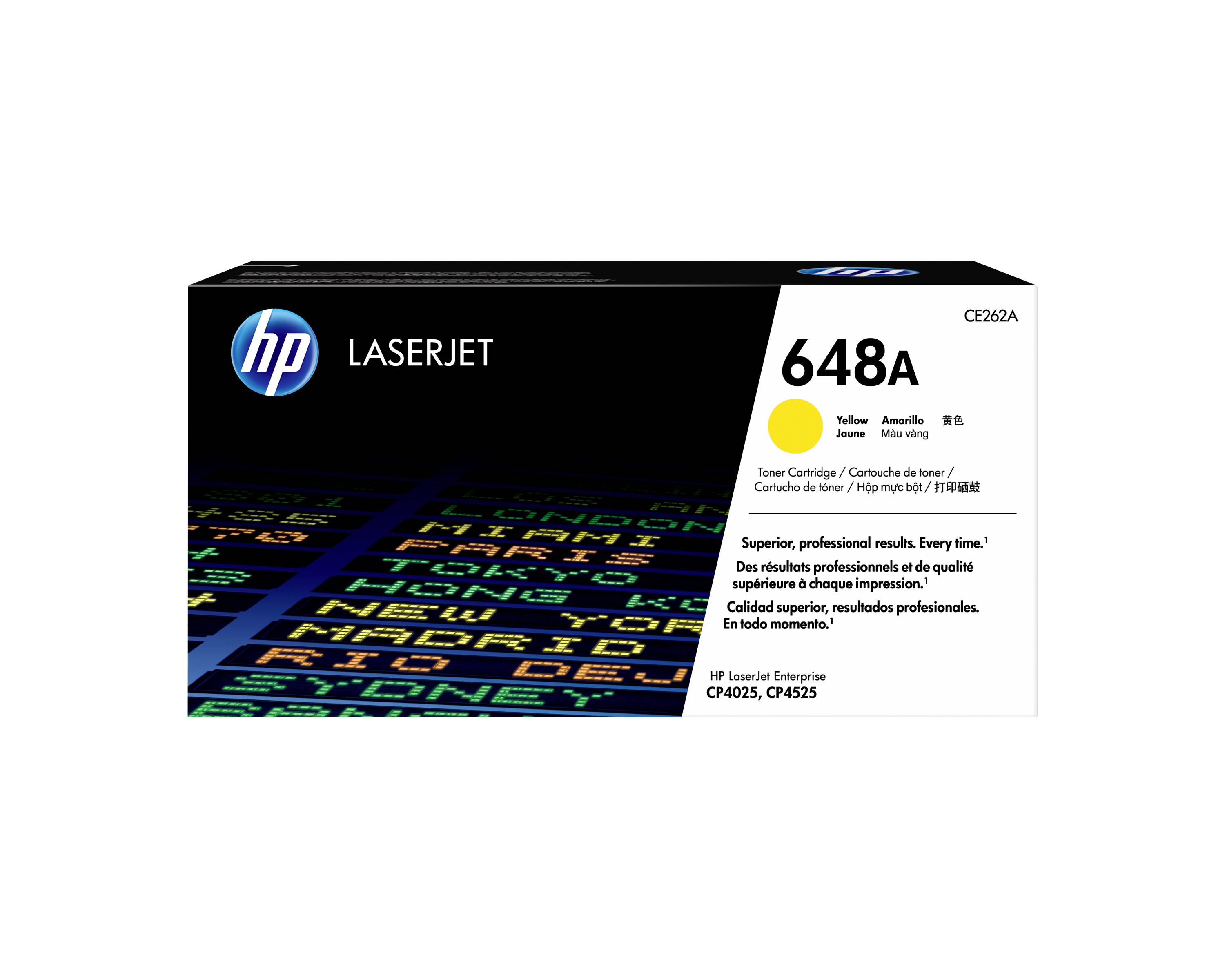 Škatla rumene tonerske cartridge HP LaserJet 648A, model CE262A, za HP LaserJet Enterprise tiskalnik.