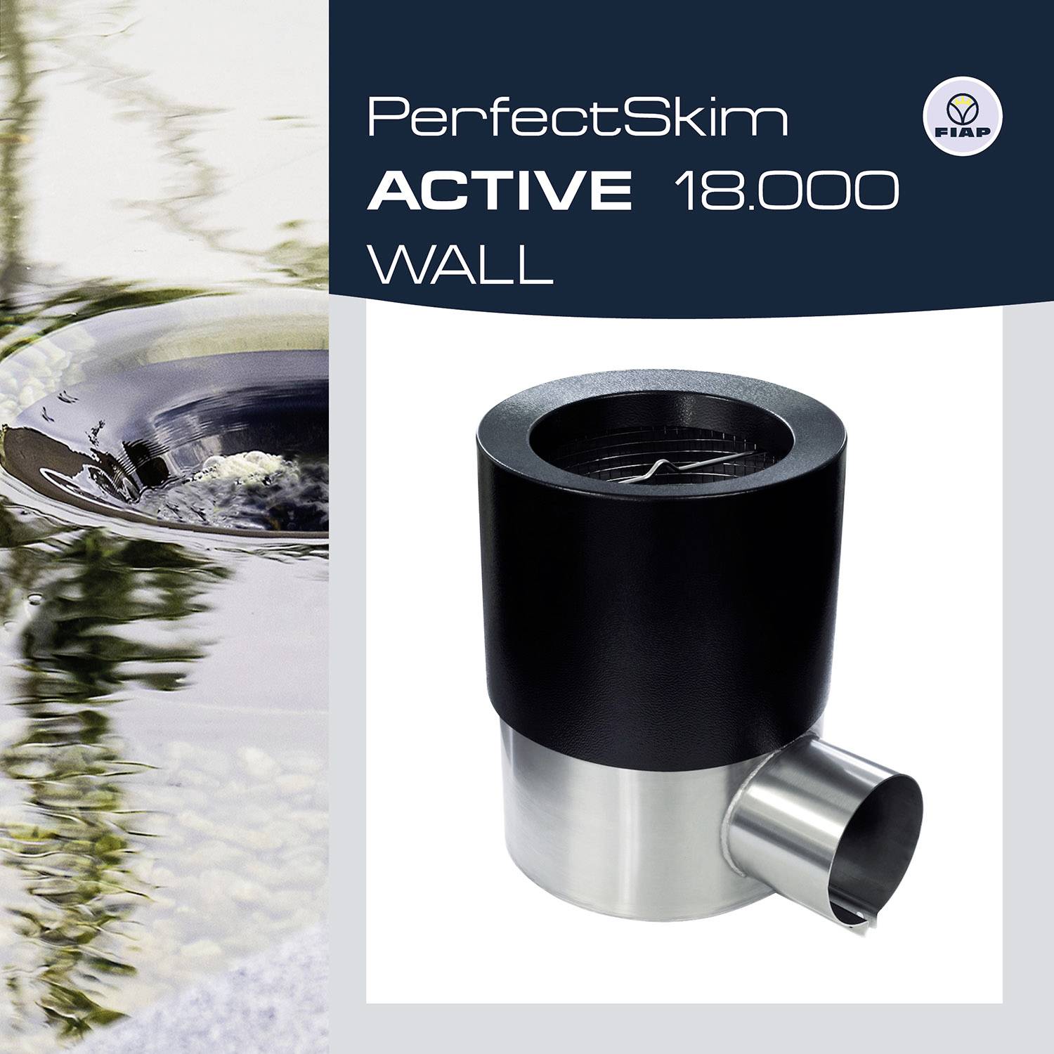 "PerfectSkim ACTIVE 18.000 ZIDNI", Skimer za bazene, levo približan posnetek vodne površine z odsevi, desno skimer.