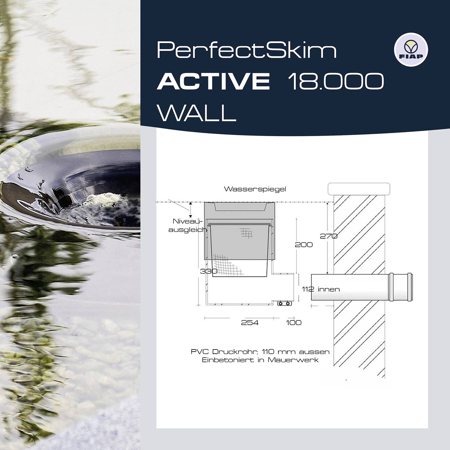 'PerfectSkim ACTIVE 18.000 WALL' Skimer: Diagram prikazuje namestitev skimmerja s podrobnostmi o merah in zgradbi.