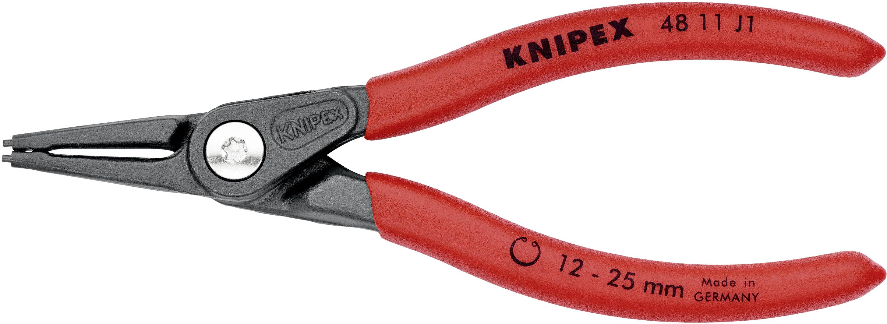 Rdeče Knipex klešče za varnostne obroče, model 48 11 J1, primerne za varnostne obroče premera 12-25 mm, izdelane v Nemčiji.