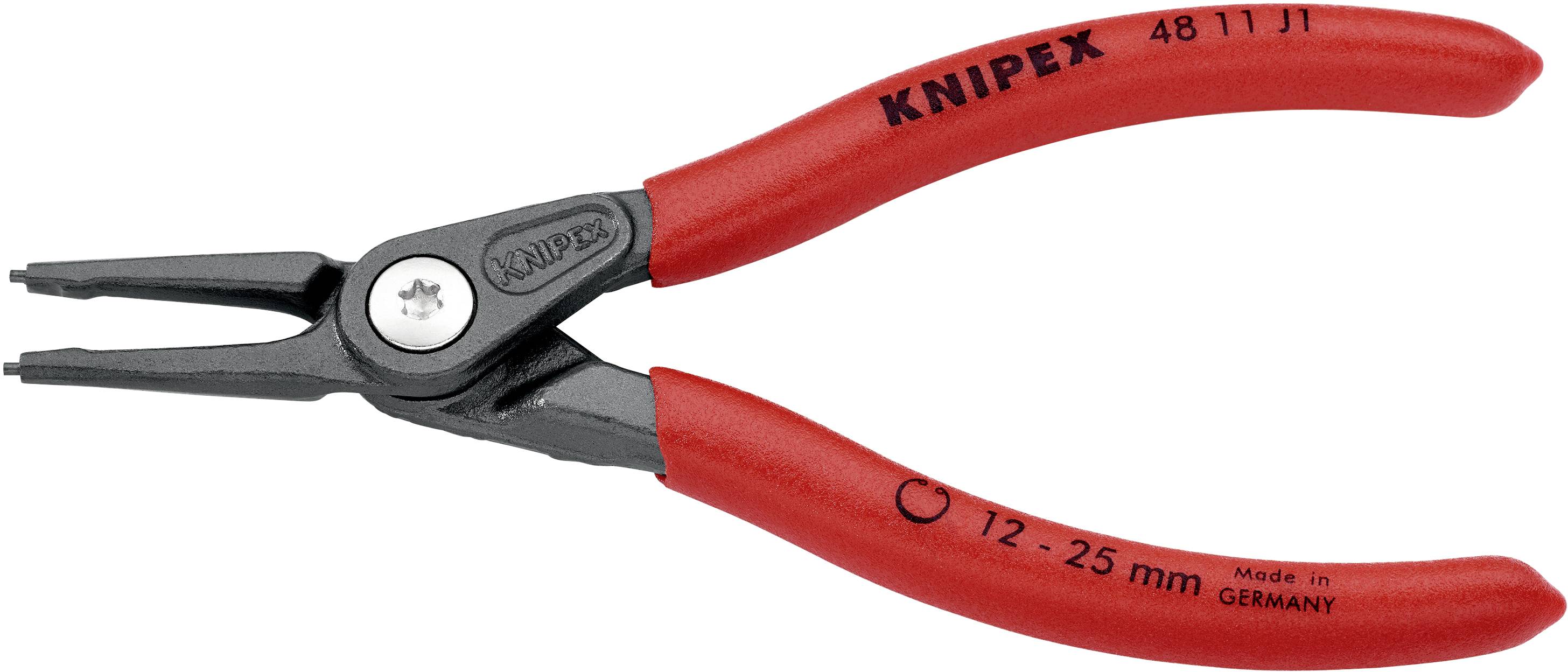 Klešče znamke Knipex, primerne za varnostne obroče v obsegu od 12 do 25 mm; črno-rdeči ročaji, profesionalna uporaba.