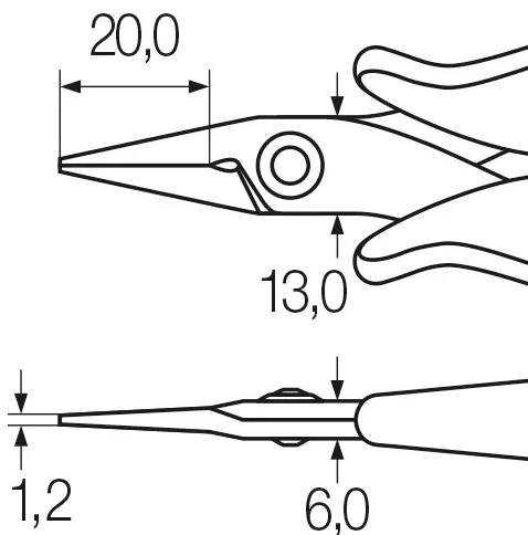 Tehnični risba klepača s prikazanimi dimenzijami: dolžina 20,0 cm, višina 13,0 cm, širina 1,2 cm in razpon prijema 6,0 cm.