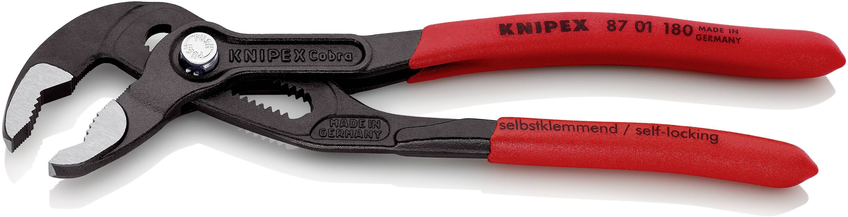 Rdeče vodne klešče znamke KNIPEX z napisom 'samozatezne/samozaporljive'.