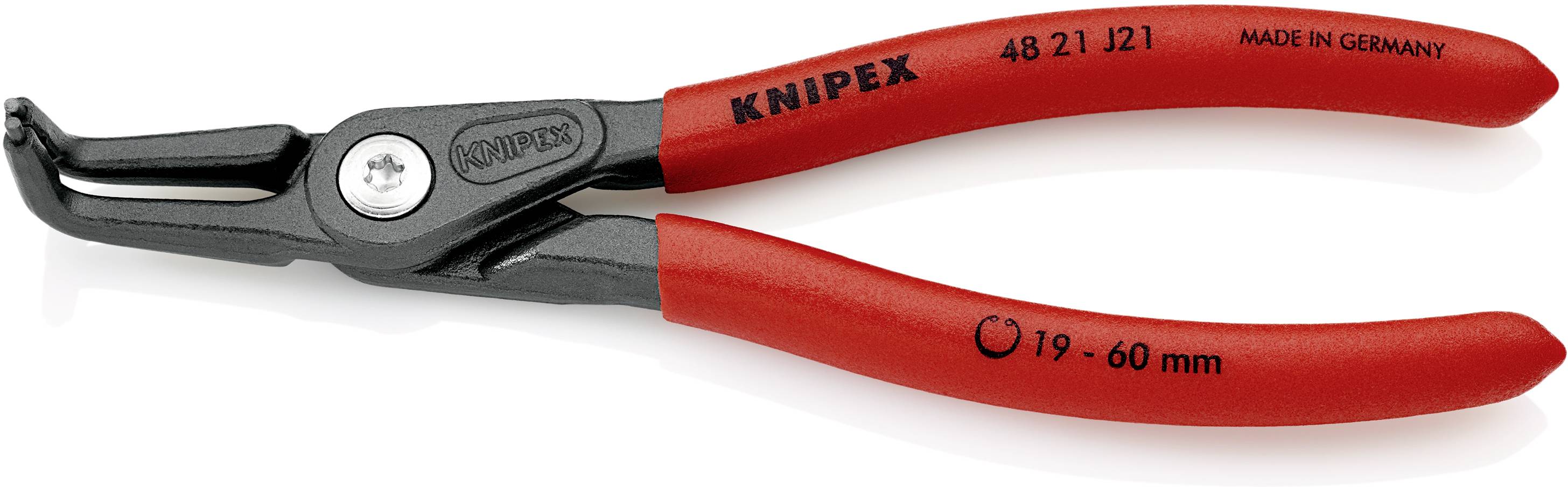 Rdeča Knipex klešča z napisom '48 21 J21', primerna za 19-60 mm, izdelana v Nemčiji.