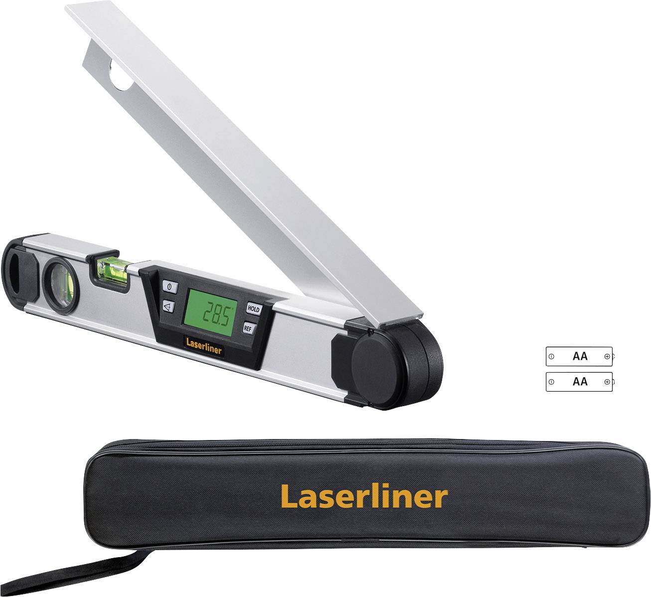 Digitalni kotomer z LCD-zaslonom in zelenim merilnikom libele. Vsebuje črn zaščitni etui z logotipom 'Laserliner'.