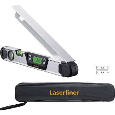 Digitalni kotomer z LCD-zaslonom in zelenim merilnikom libele. Vsebuje črn zaščitni etui z logotipom 'Laserliner'.