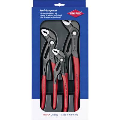 'Tri klešče KNIPEX v eni embalaži: profesionalni set klešč z plastičnimi ročaji, rdeče in črne barve. Izdelano v Nemčiji.'