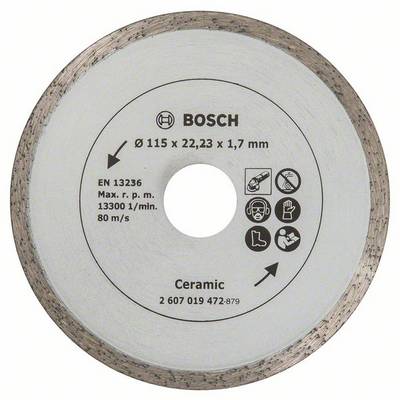 Okrogla Bosch diamantna rezalna plošča za keramiko, premera 115 mm. Označena s tehničnimi specifikacijami in varnostnimi simboli.