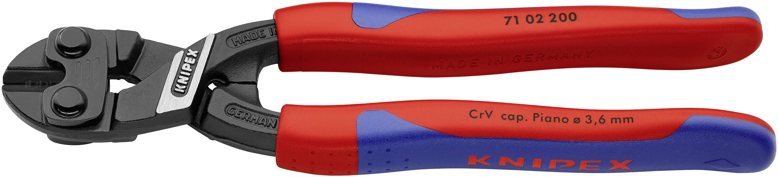 'Knipex' vijačni rezalnik z rdečimi in modrimi ročaji za jeklo, model 71 02 200, primeren za žice do 3,6 mm.