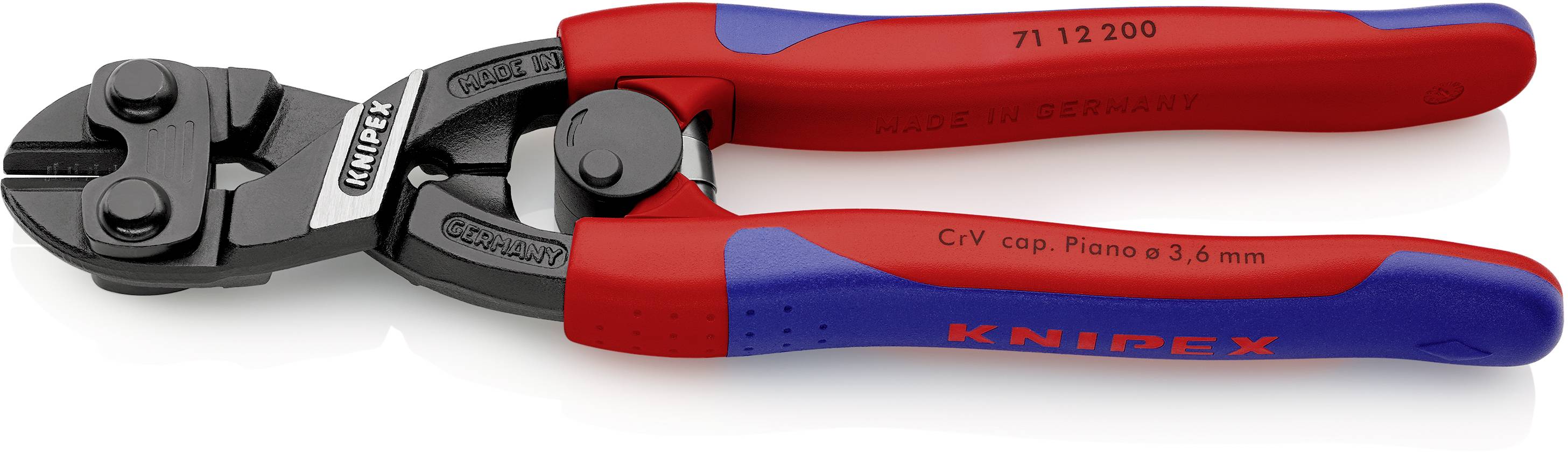 Stranski rezalnik znamke Knipex z rdečim in modrim ročajem, primeren za rezanje žic do premera 3,6 mm.