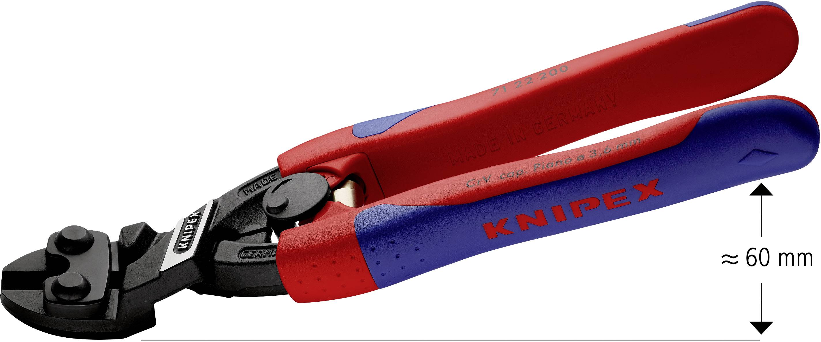 Knipex škarje za vijake z rdečima in modrimа ročajema, dolge približno 60 mm, namenjene rezanju žic in vijakov.