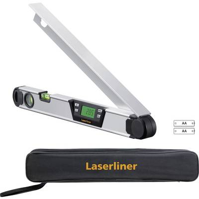 Digitalni kotomer z zaslonom prikazuje '2,05' stopinj. Vsebuje libelo in torbico z napisom 'Laserliner'.