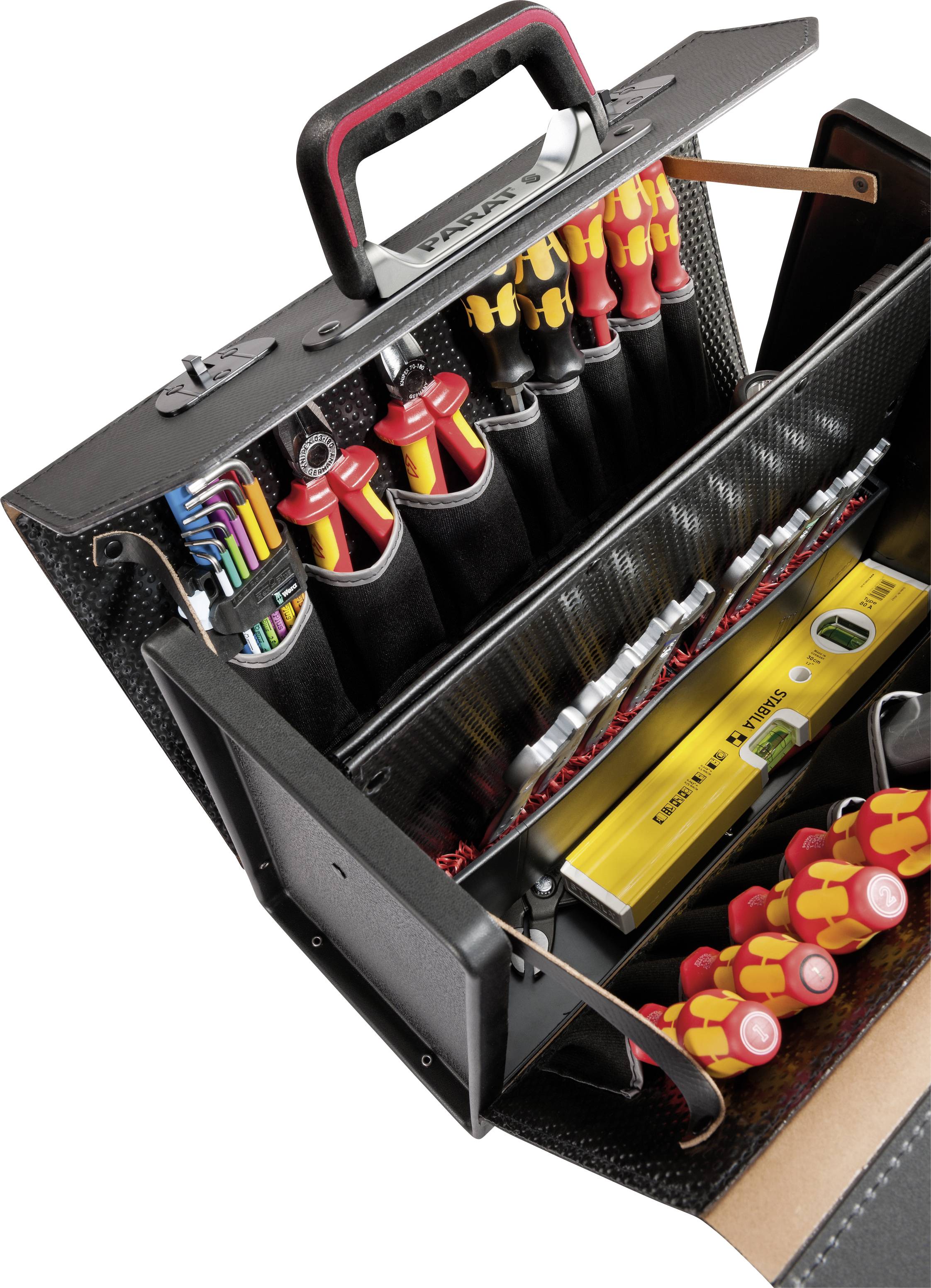 Odprt kovček z orodjem, ki vsebuje različne izvijače, klešče, libelo in druge ročne pripomočke, razporejene v predalih.