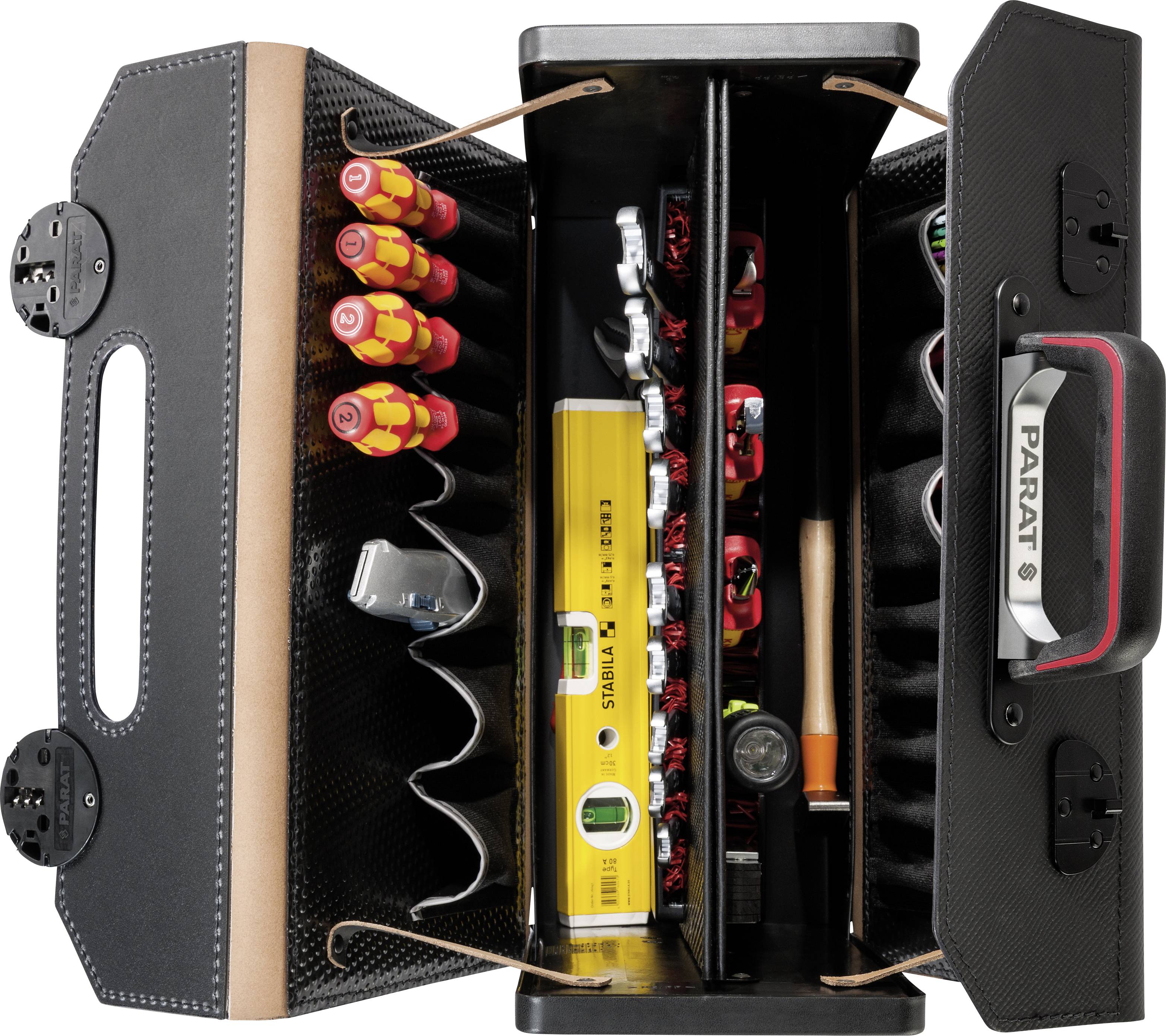 Odprt kovček z orodjem, ki vsebuje izvijače, libelo in druga elektrikarska orodja. Znotraj je viden logotip 'Parat'.