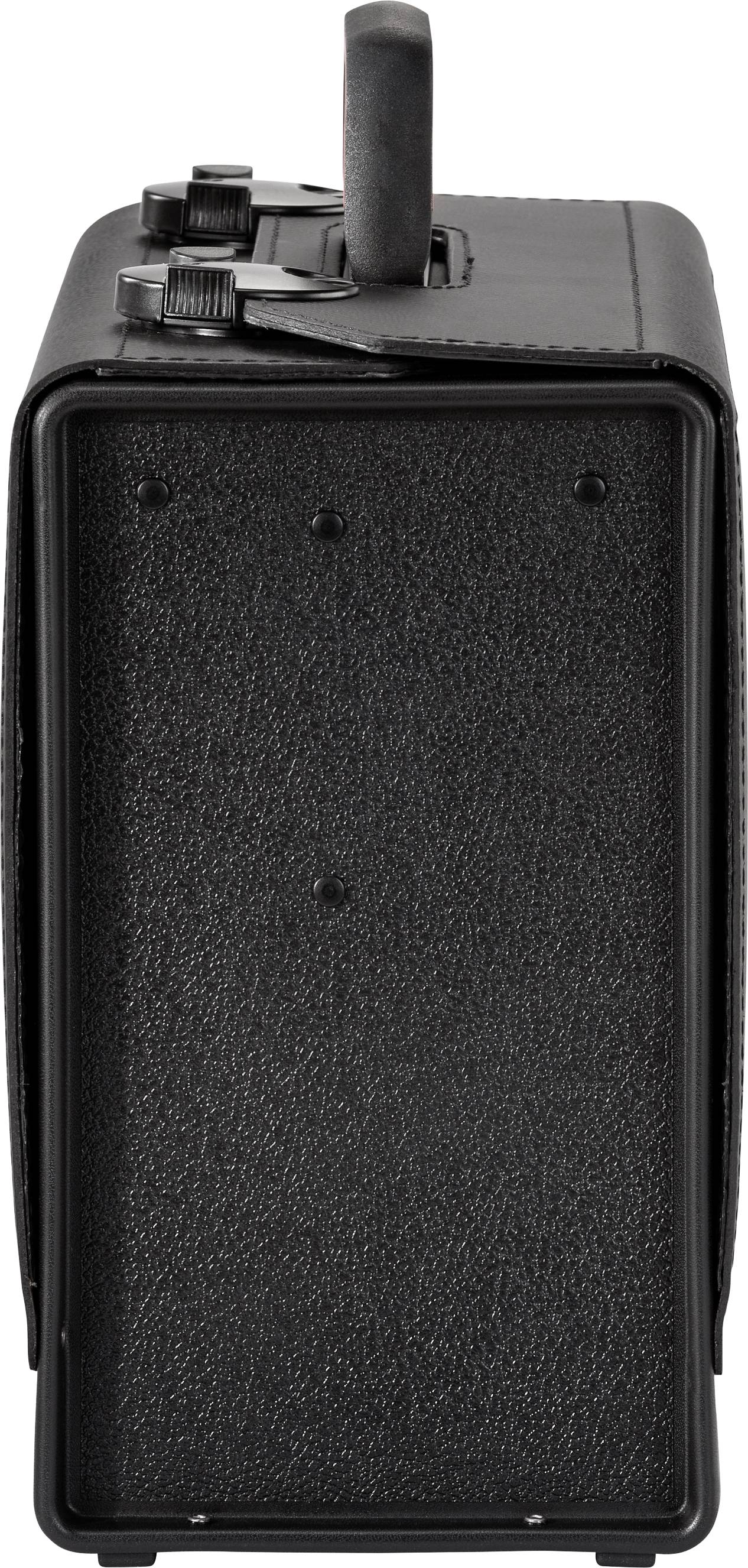 Črn kovček, pogled s strani. Ročaji in zaponke vidni zgoraj.