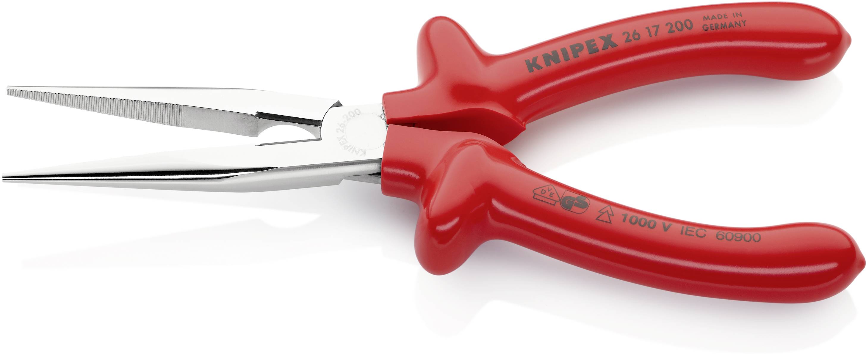 Rdeče klešče z dolgim, ozkim glavnim delom in gumiranimi ročaji, primerne za natančno prijemanje in rezanje, z napisom 'Knipex'.