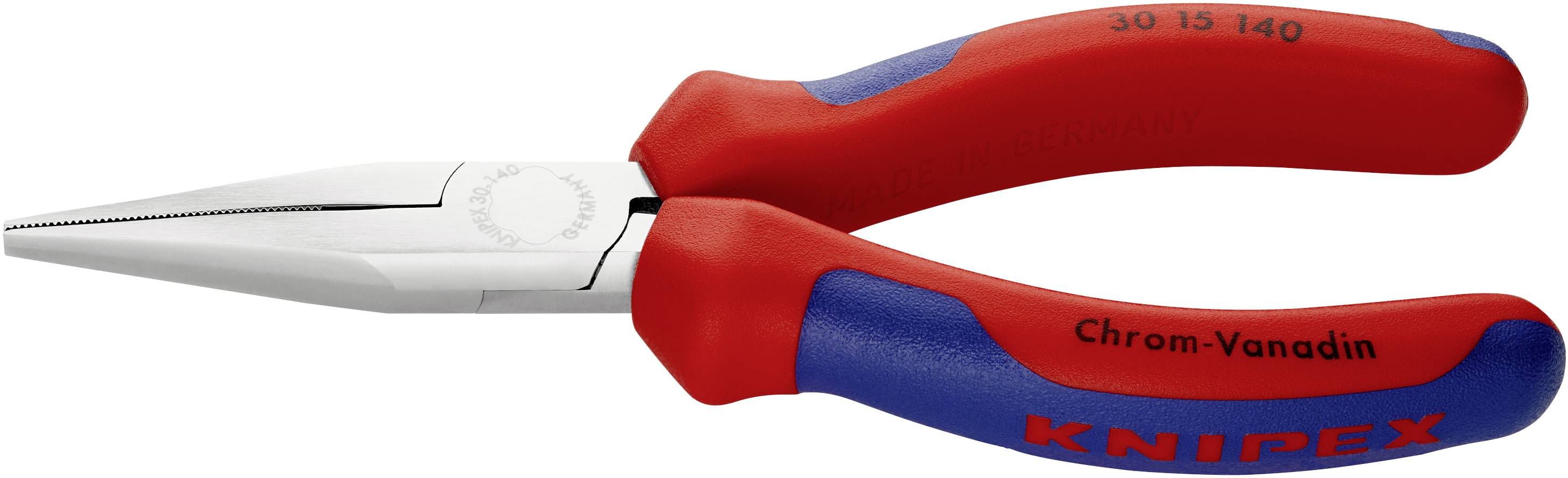 Rdeče in modre špičaste klešče z napisom 'Knipex' na ročajih. Primerne za natančno prijemanje in rezanje.