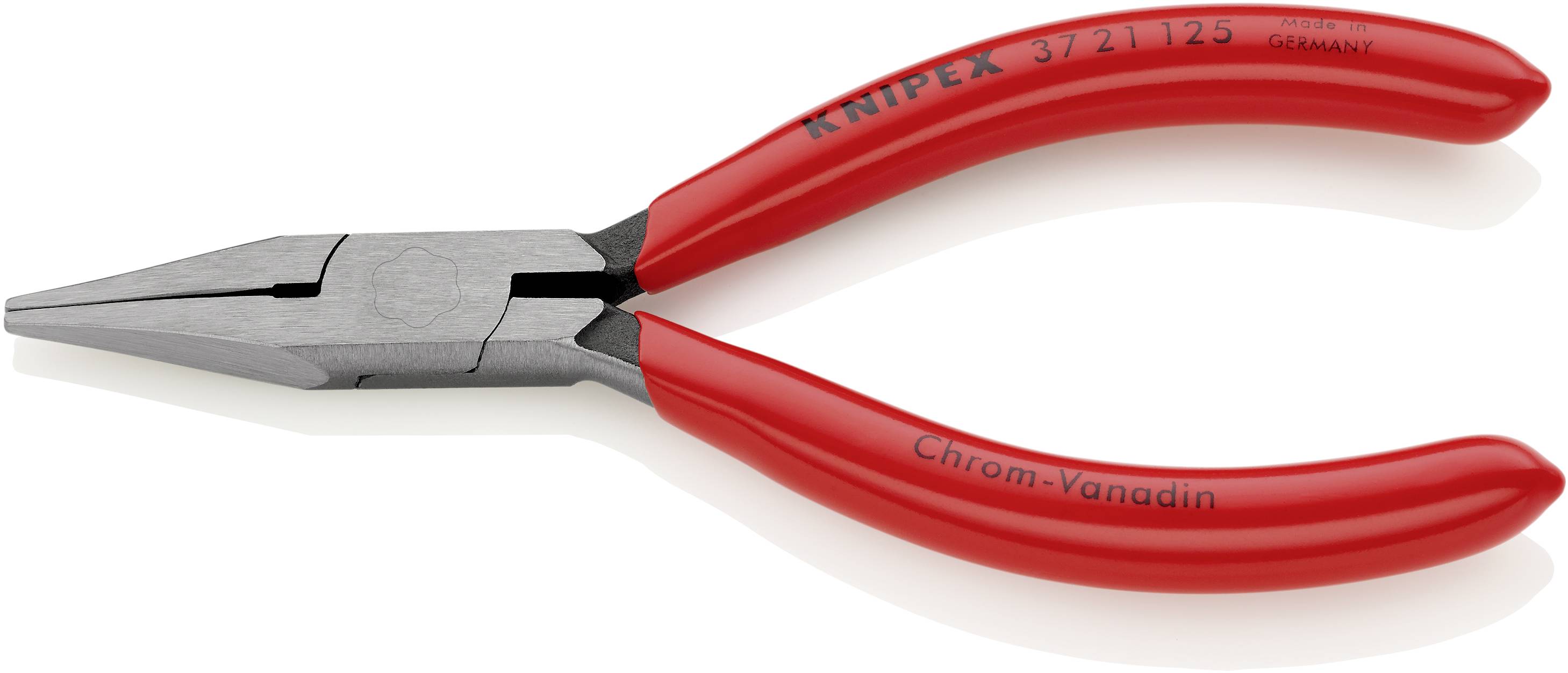 Rdeče klešče z dolgim, vitkim glavom in napisom Knipex na ročajih. Primerne za natančno prijemanje in rezanje žic.