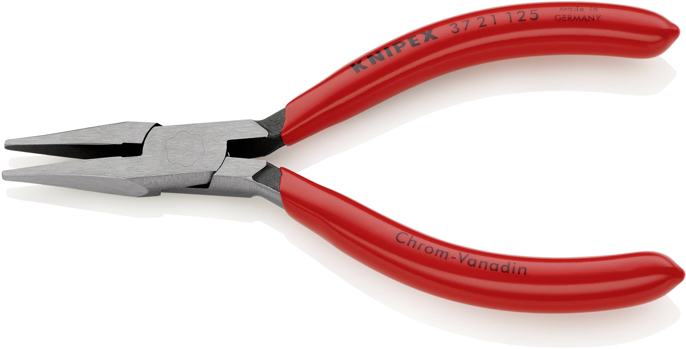 Rdeče ploščate klešče z napisom 'KNIPEX 3/21 125 Germany Krom-Vanadij' na ročajih, primerne za natančna rokodelska dela.