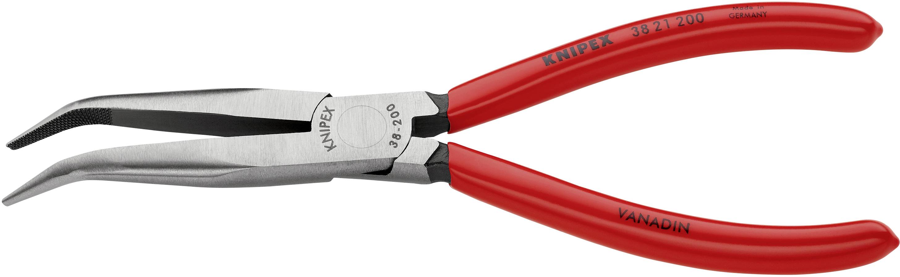 Rdeče Knipex klešče z ukrivljenimi konicami, uporabljene za prijemanje majhnih predmetov ali delo na težko dostopnih mestih.