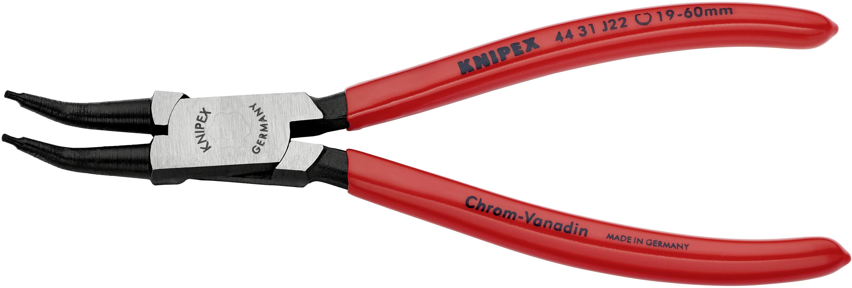 Rdeča Knipex klešča za snemanje varnostnih obročkov z ukrivljenimi konicami, primerna za obročke od 19-60 mm. Izdelana iz krom-vanadijevega jekla, izdelano v Nemčiji.