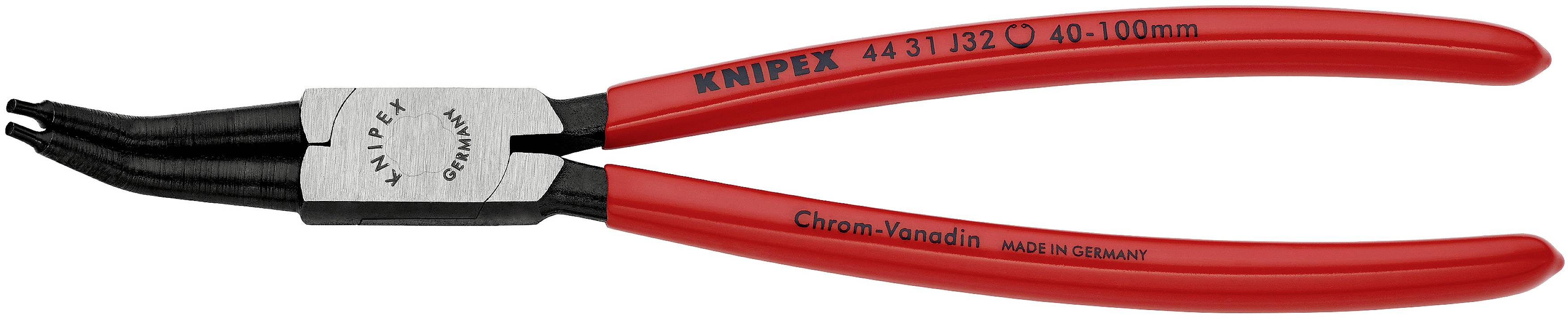 Rdeče klešče za zunanji varnostni obroč znamke Knipex, primerne za velikosti 49-100 mm.