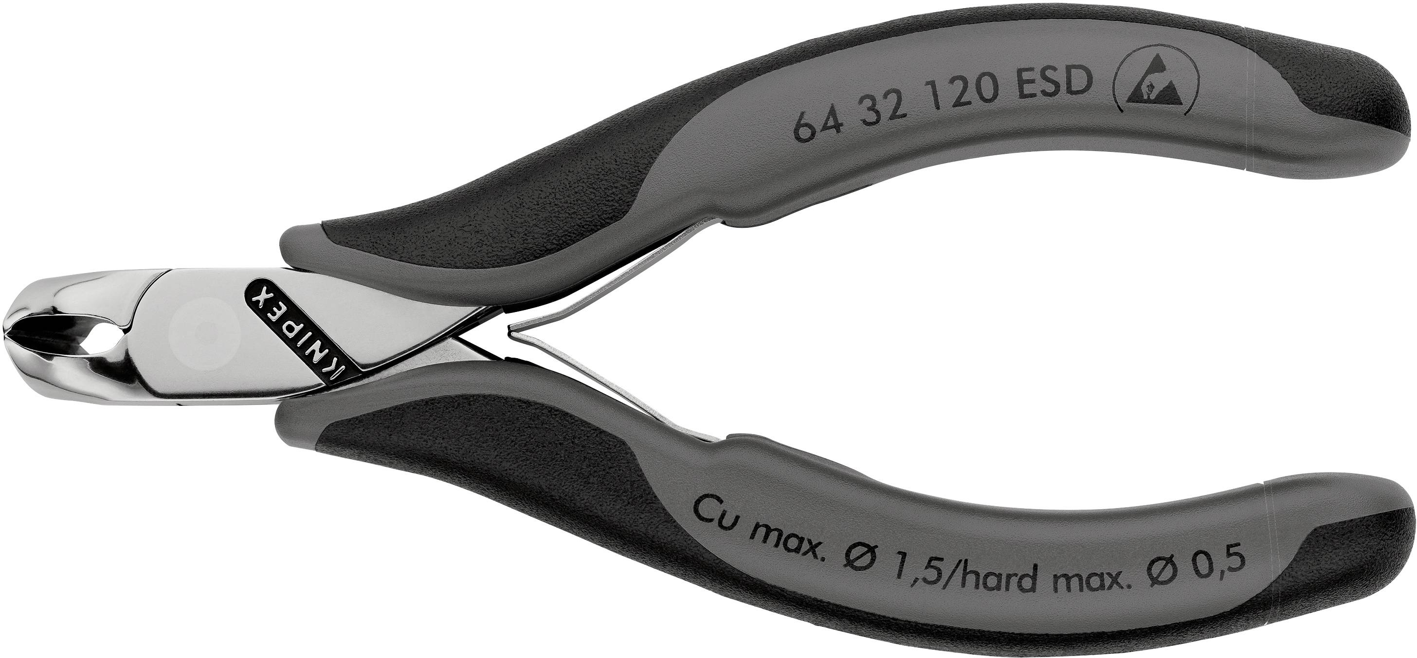 Stranski sekač s črnimi ročaji, označen z 'Knipex 64 32 120 ESD'. Primeren za bakrene žice do premera 1,5 mm.